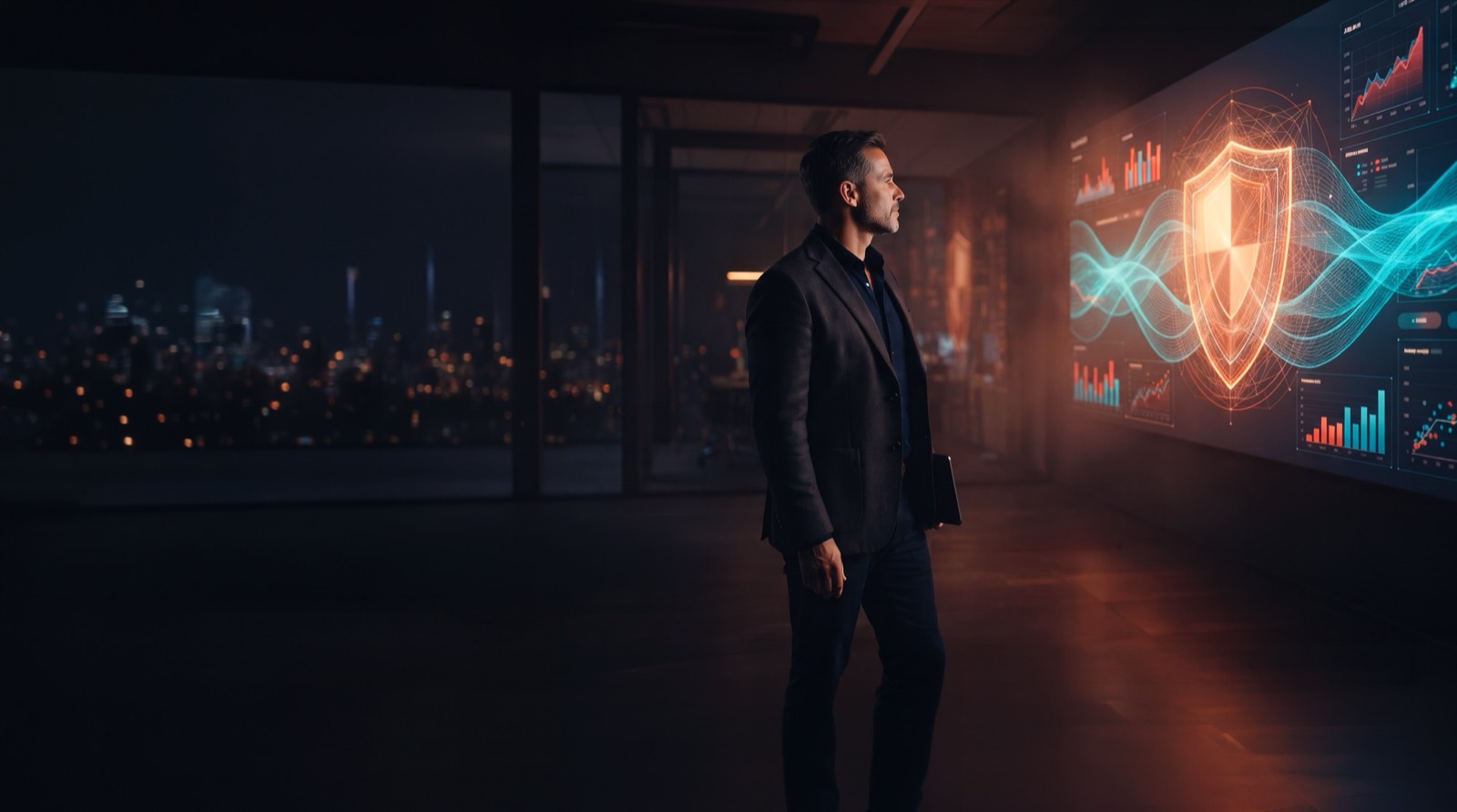 Business owner reviewing a live security posture on a wall display