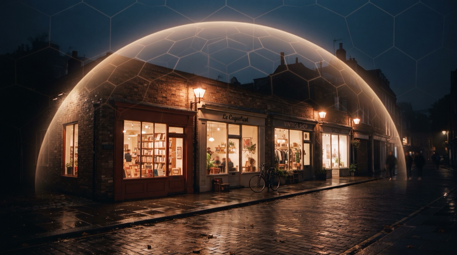 A row of independent shops at night under a glowing protective dome